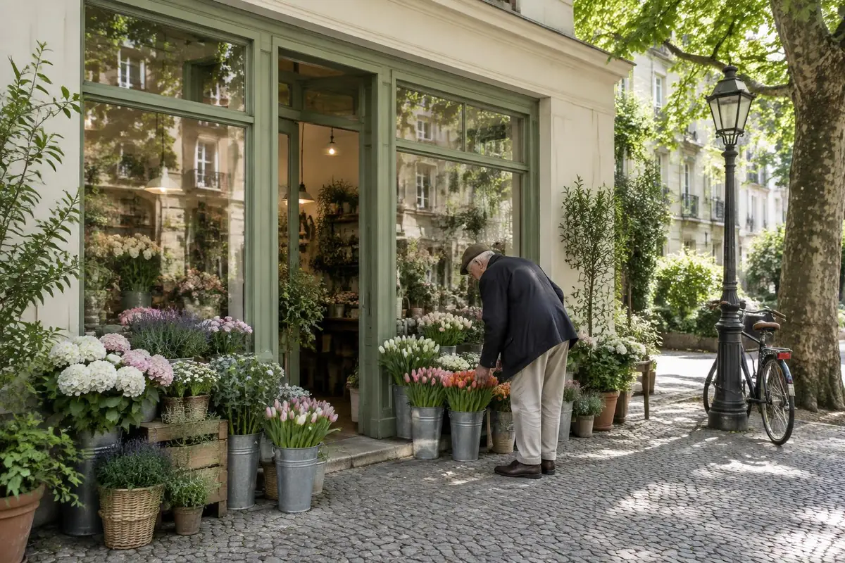 Ladenfront mit Blumeneimern vor der Tür, ein älterer Herr wählt Tulpen