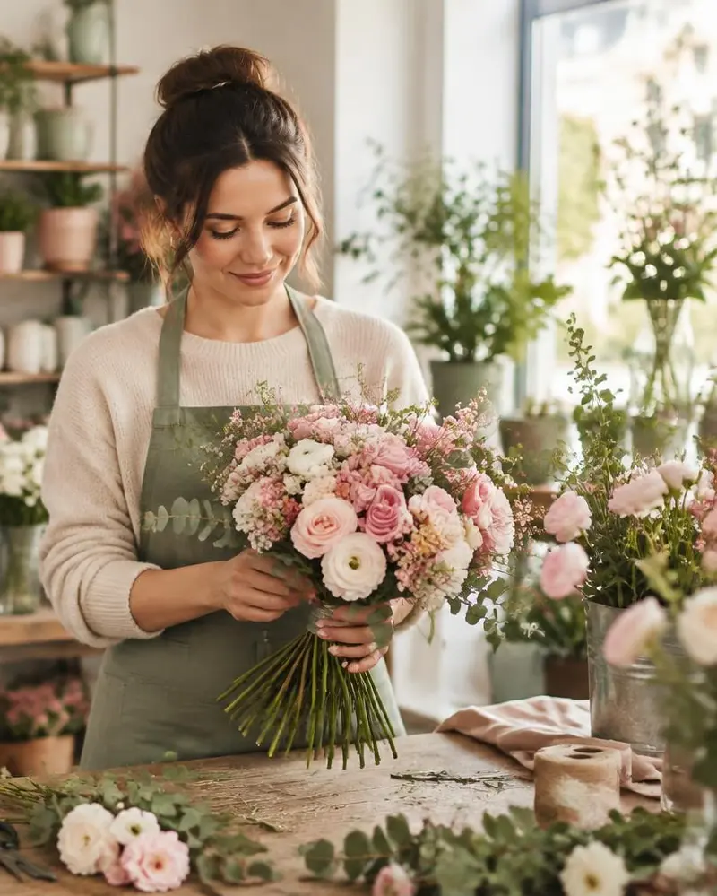 Floristin bindet in einem hellen Blumenladen einen rosa-weißen Strauß, im Hintergrund Regale mit Vasen und Pflanzen