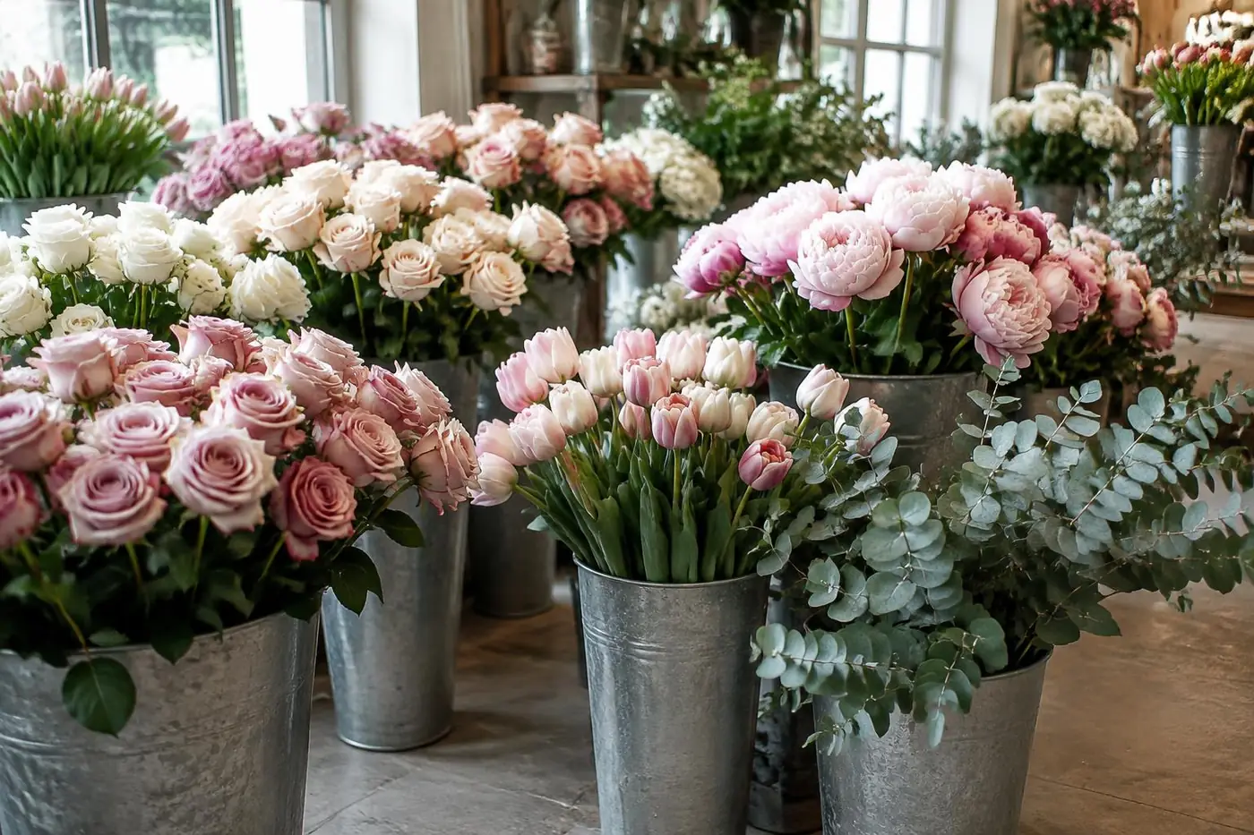 Zinkeimer mit Rosen, Tulpen, Pfingstrosen und Eukalyptus