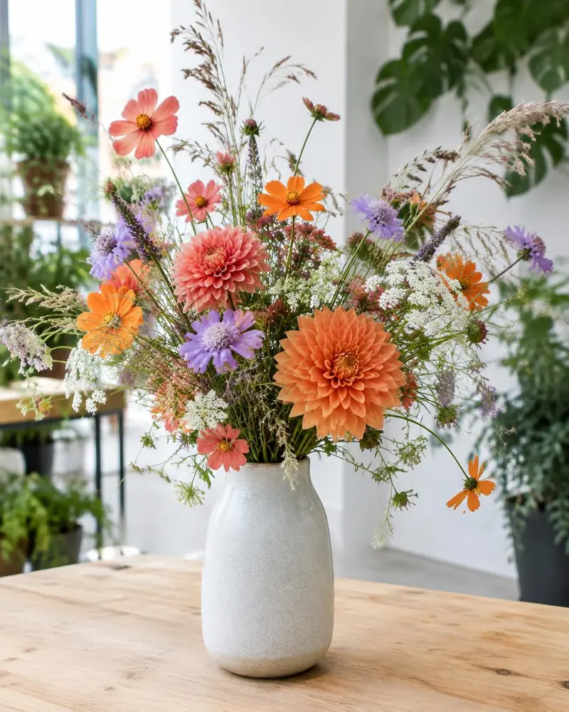 Lockerer Wildblumenstrauß in Orange, Koralle und Violett in weißer Vase