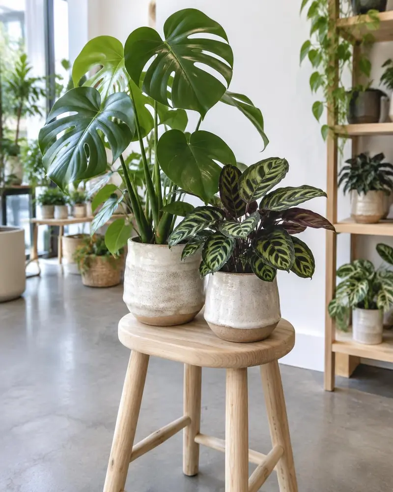 Monstera und Calathea in Keramiktöpfen auf einem Holzhocker
