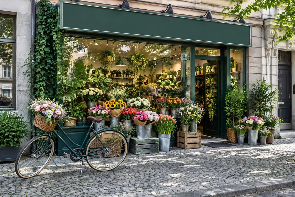 Schaufenster voller Pflanzen, davor ein Fahrrad mit Blumenkorb