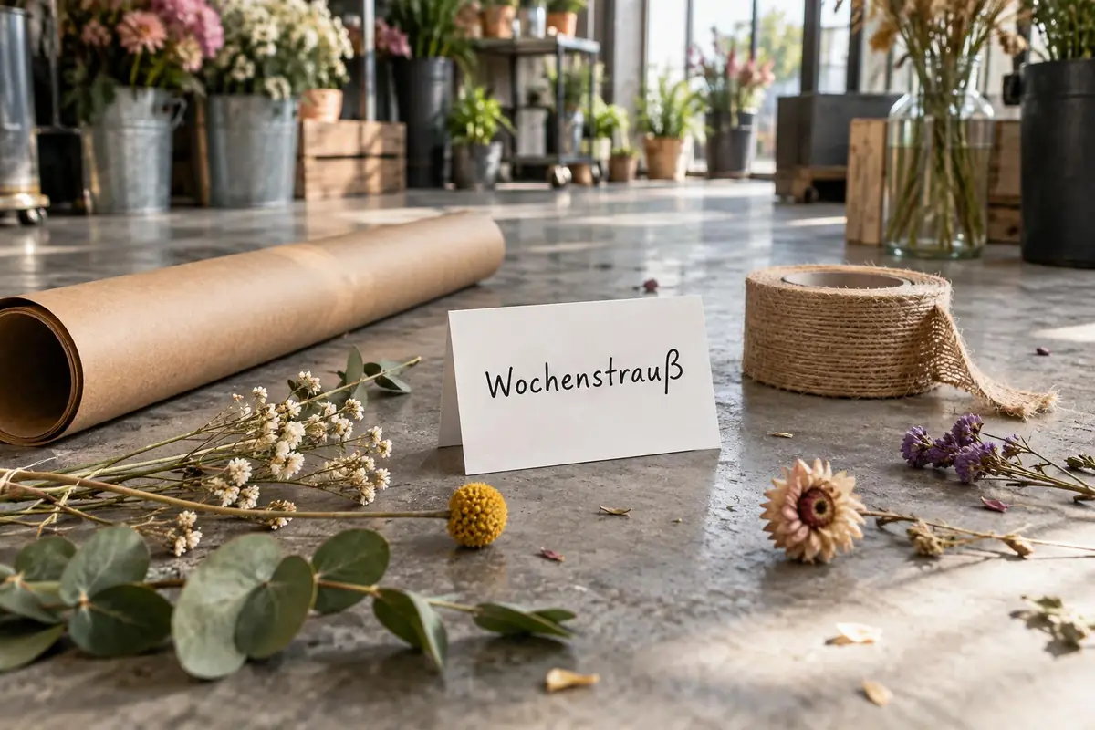 Kraftpapier, Paketband und ein Kärtchen mit der Aufschrift Wochenstrauß