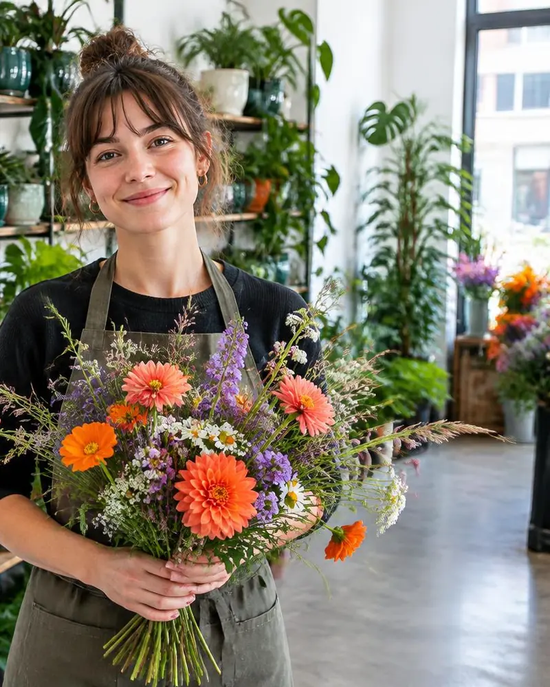 Junge Inhaberin mit Schürze hält einen farbenfrohen Wildblumenstrauß, hinter ihr Regale voller Zimmerpflanzen