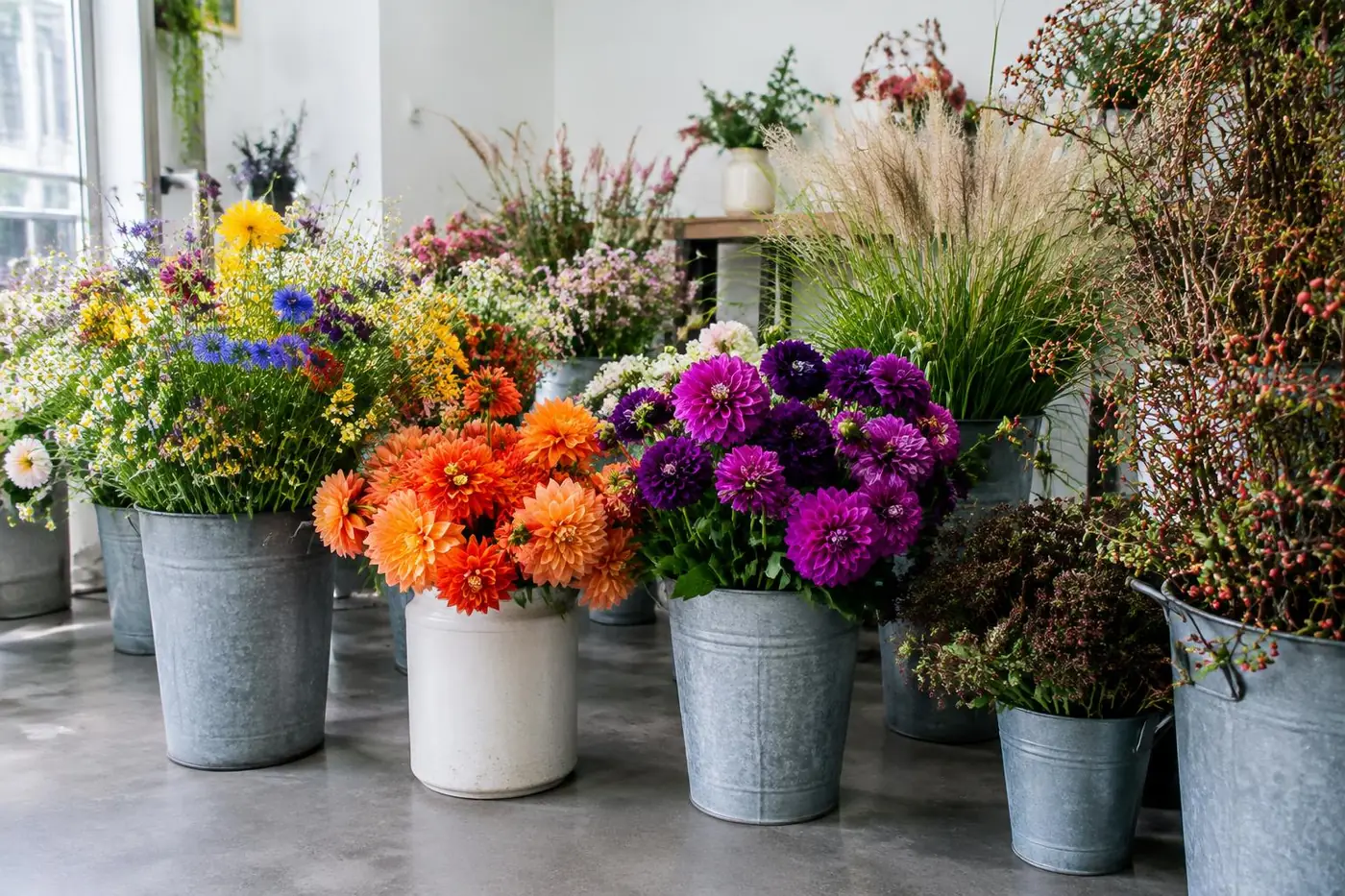 Zinkeimer mit Wildblumen, Dahlien, Gräsern und Zweigen auf Betonboden
