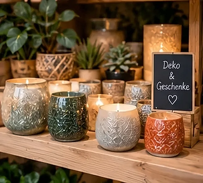 Windlichter und Kerzen im Regal, Tafel mit Deko und Geschenke