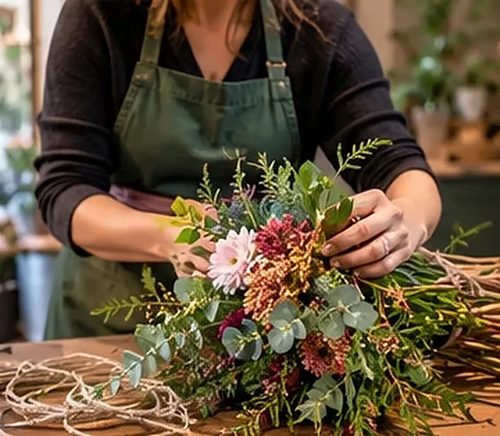 Eine Floristin in grüner Schürze bindet einen Strauß von Hand