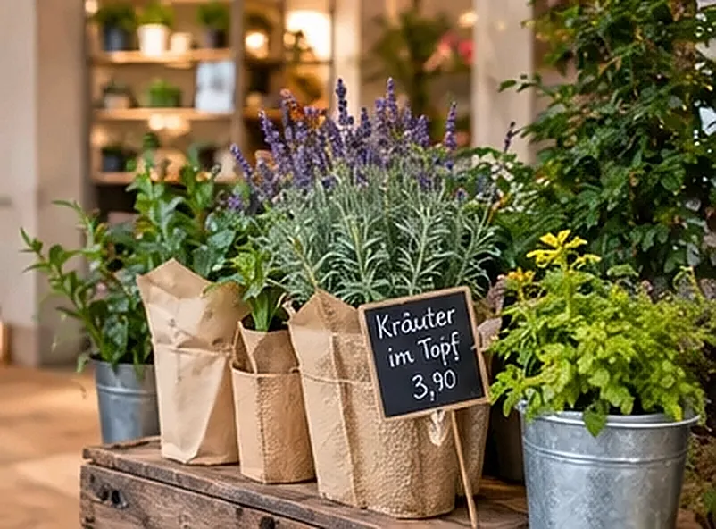 Kräuter im Topf mit Kreidetafel