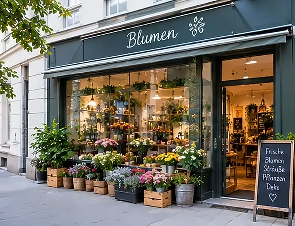 Die Blumenstube von außen: dunkelgrüne Fassade, Schaufenster voller Pflanzen und eine Kreidetafel vor der Tür