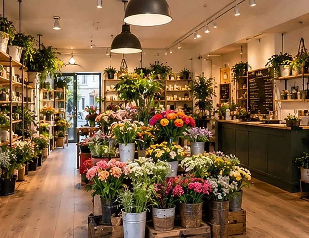 Blick in den hellen Laden: Eimer mit Blumen, Holzregale und Pendelleuchten