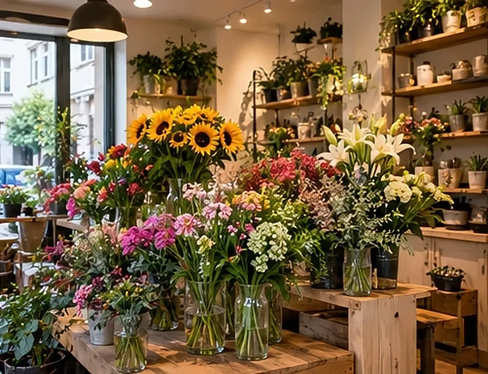 Holztisch voller Schnittblumen in Vasen, dahinter Sonnenblumen und Lilien