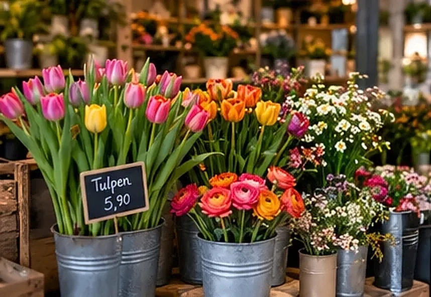 Tulpen und Ranunkeln in Zinkeimern mit Preisschild