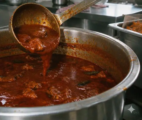 Kelle mit roter Currysoße über einem Topf