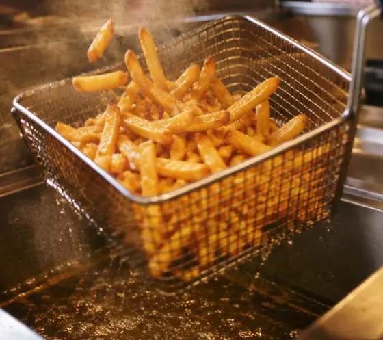 Pommes im Frittierkorb mit Dampf