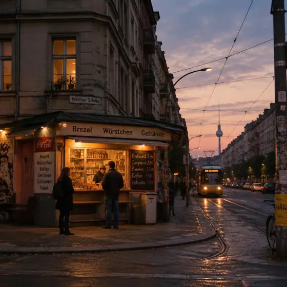 Kleiner Kiosk an einer Berliner Straßenecke in der Dämmerung