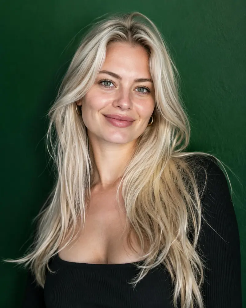 Frau mit langem platinblondem Haar