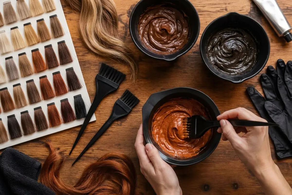Schüsseln mit Haarfarbe in Rosa, Violett und Kupfer, Pinsel und Farbkarte