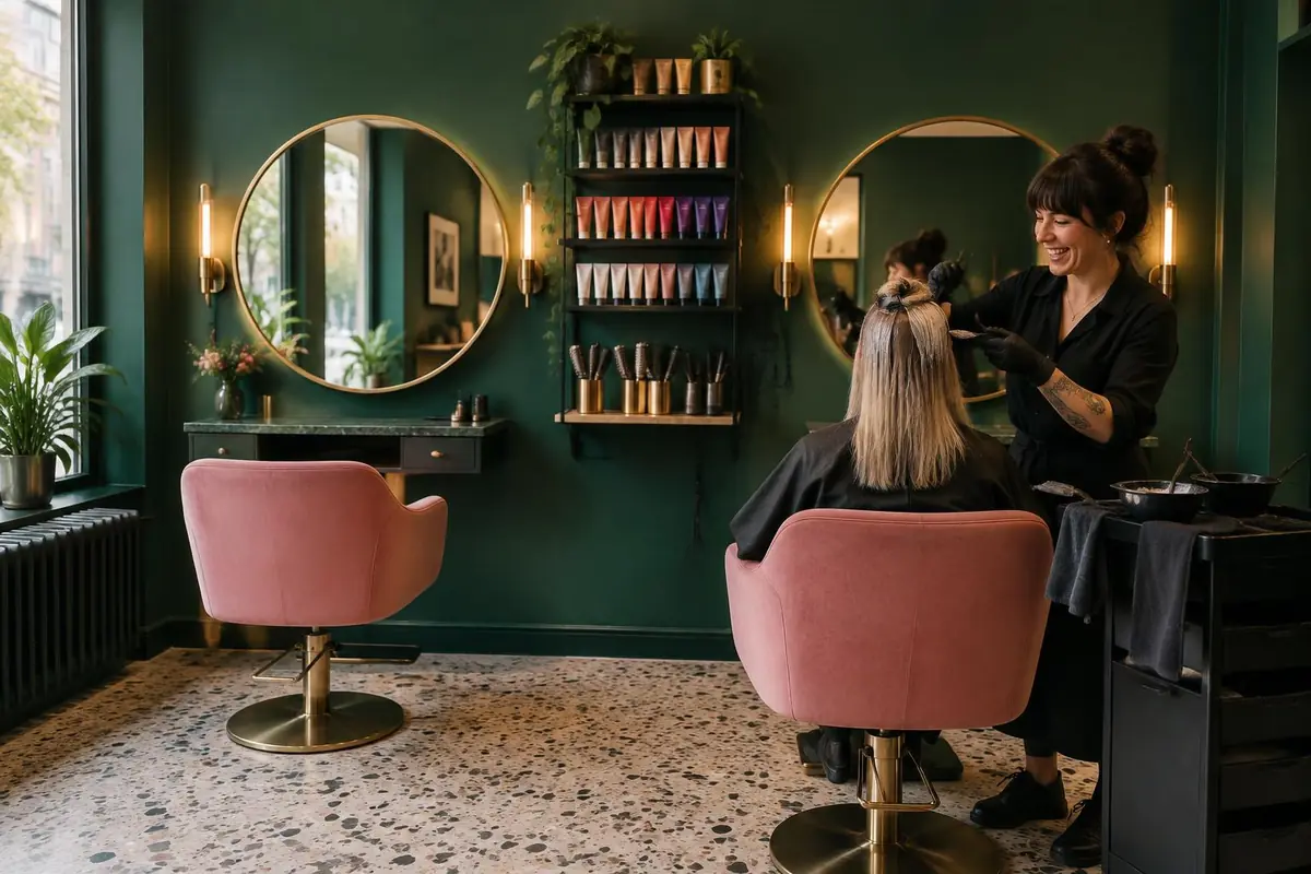 Farbstudio mit rosa Samtstühlen, runden Messingspiegeln und Regal mit Farbtuben