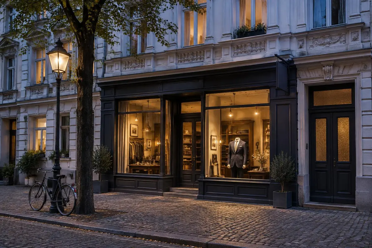Schneiderei im Berliner Altbau am Abend, warm beleuchtetes Schaufenster mit Anzugpuppe