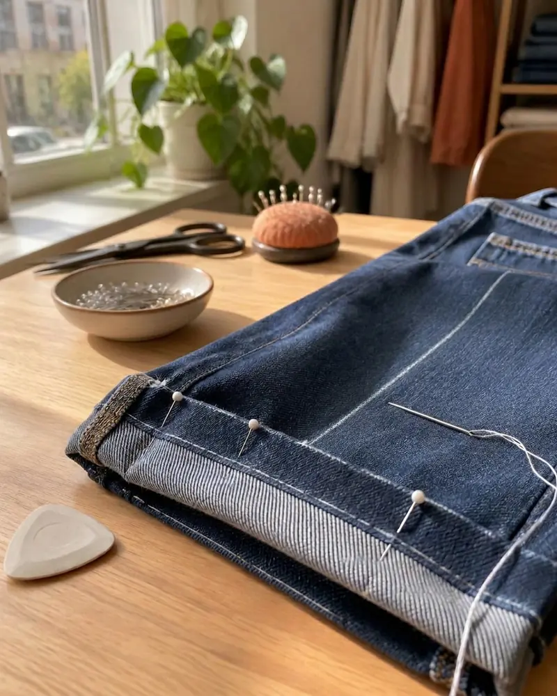 Dunkelblaue Jeans mit gestecktem Saum und Nadel auf dem Werktisch