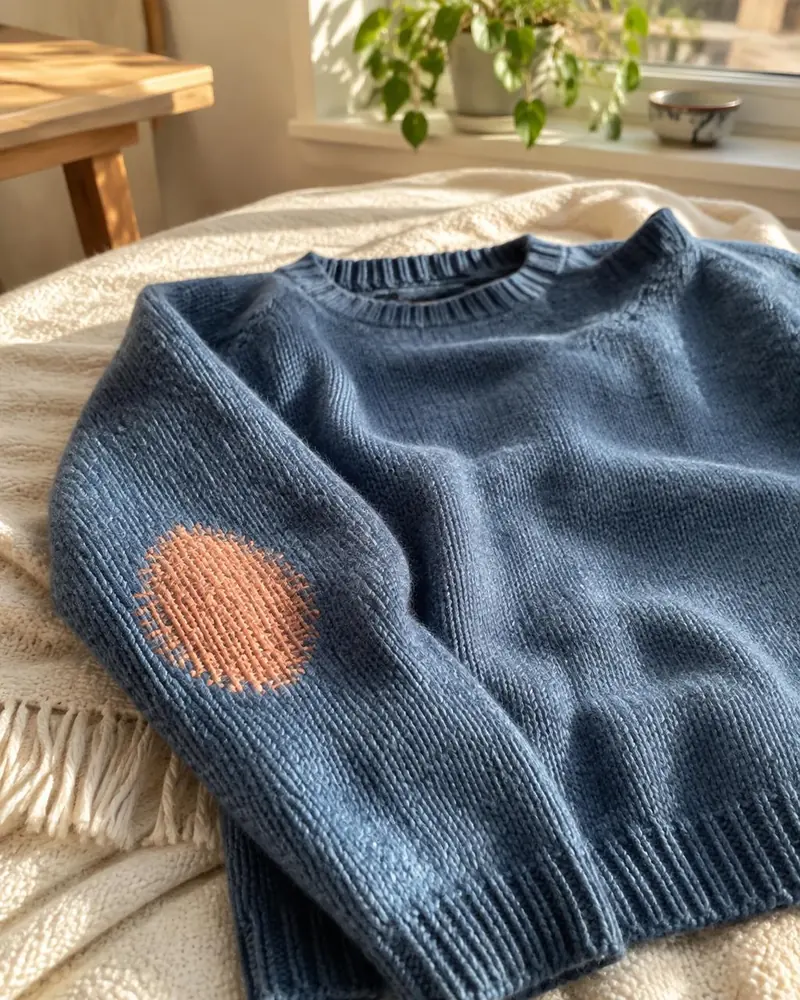 Blauer Pullover mit aprikotfarbenem, rundem Flicken am Ärmel