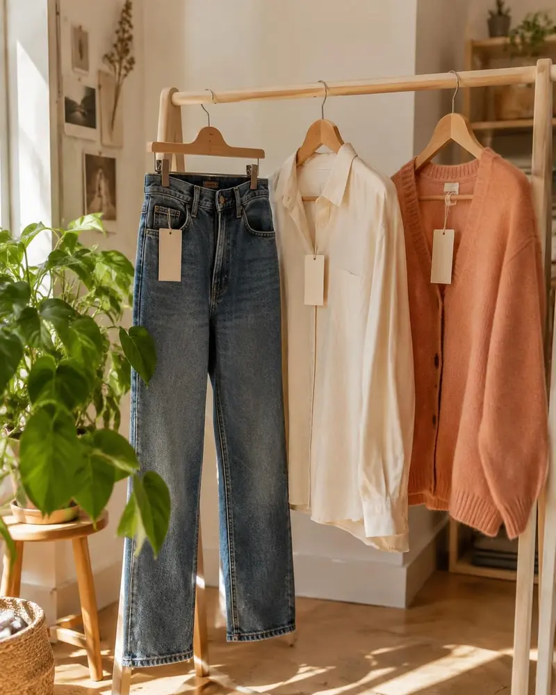 Kleiderstange mit Jeans, cremefarbener Bluse und aprikotfarbener Strickjacke