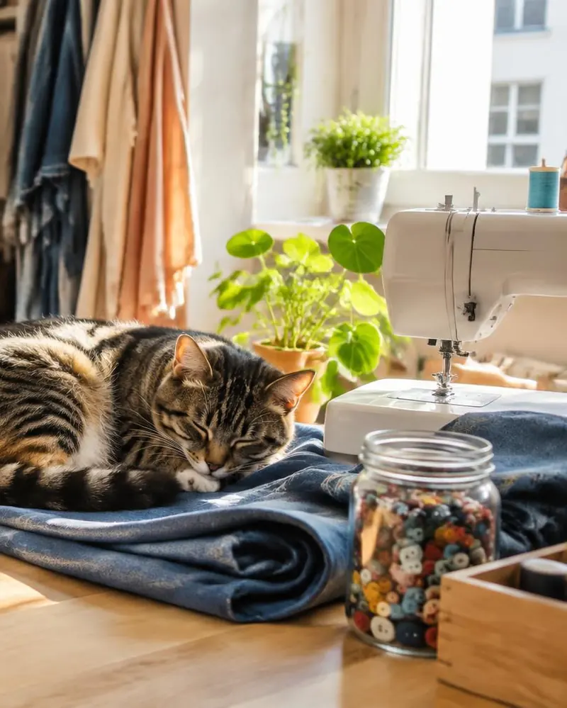 Getigerte Katze schläft auf einer gefalteten Jeans neben einer Nähmaschine und einem Knopfglas