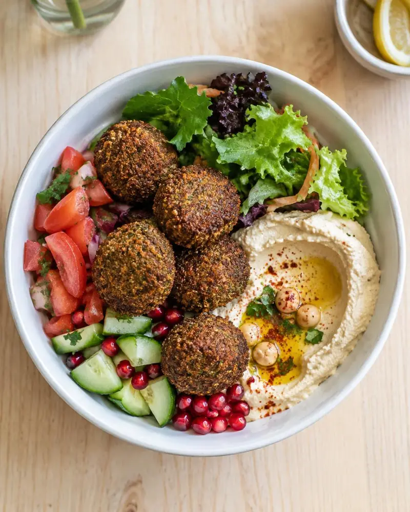 Bowl mit Falafel, Hummus, Salat, Tomaten, Gurke und Granatapfelkernen