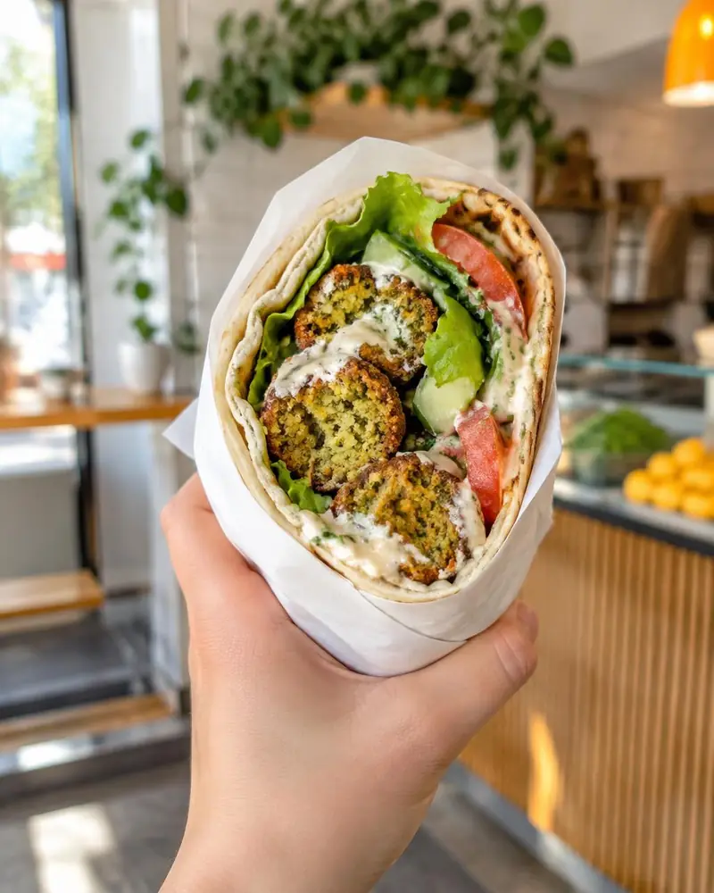 Angeschnittener Falafel-Wrap in Papier