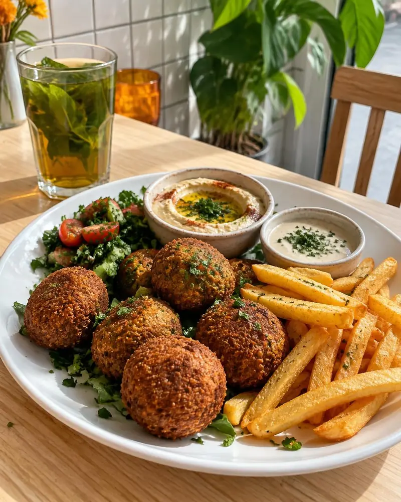 Teller mit Falafel, Pommes, Dips und Minztee