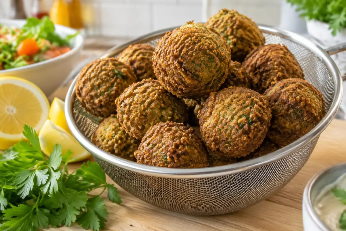 Frisch frittierte Falafelbällchen im Metallsieb mit Zitrone und Petersilie