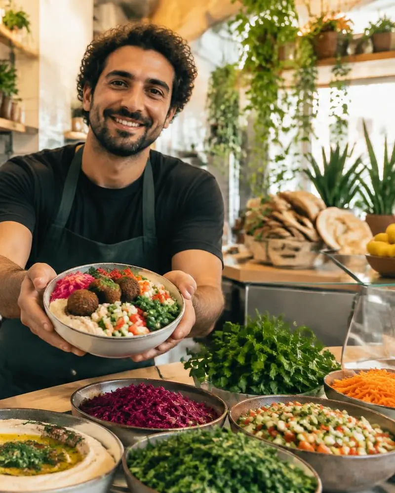 Mann hinter der Theke eines hellen Imbisses reicht eine Falafel-Bowl über den Tresen, davor Schalen mit frischen Zutaten