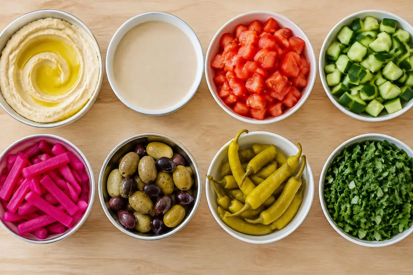 Schalen mit Hummus, Tahini, Tomaten, Gurken, eingelegten Rüben, Oliven und Peperoni