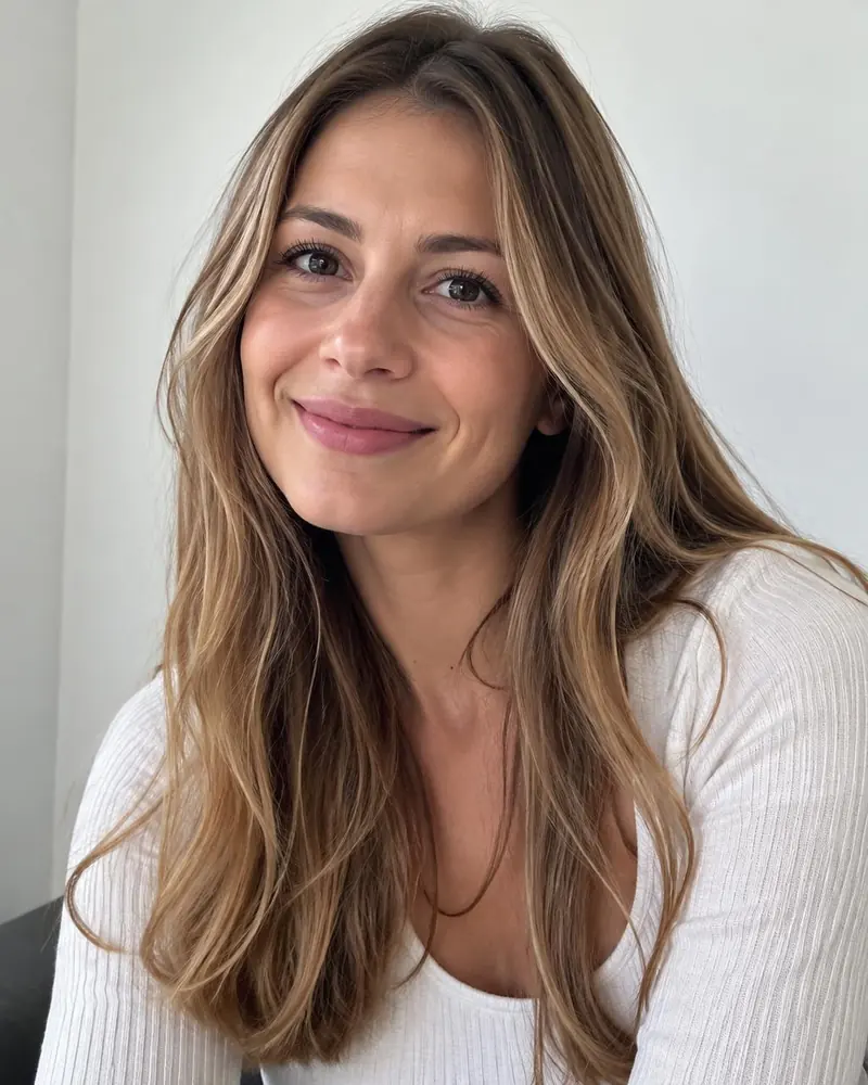 Lange glänzende hellbraune Haare mit Balayage von hinten