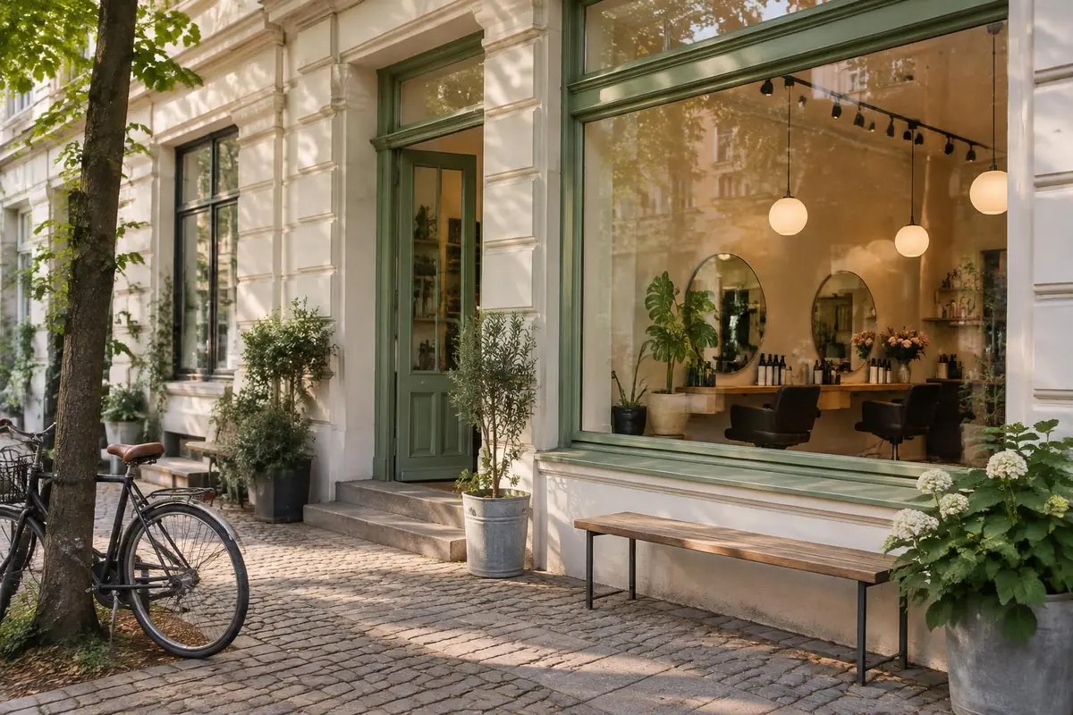 Berliner Altbau mit salbeigrüner Tür und Schaufenster