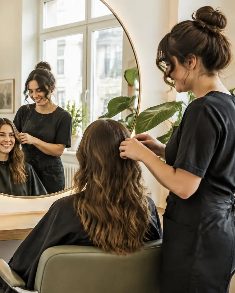 Heller Friseursalon mit Frisierplatz, rundem Spiegel und Pflanzen im Tageslicht