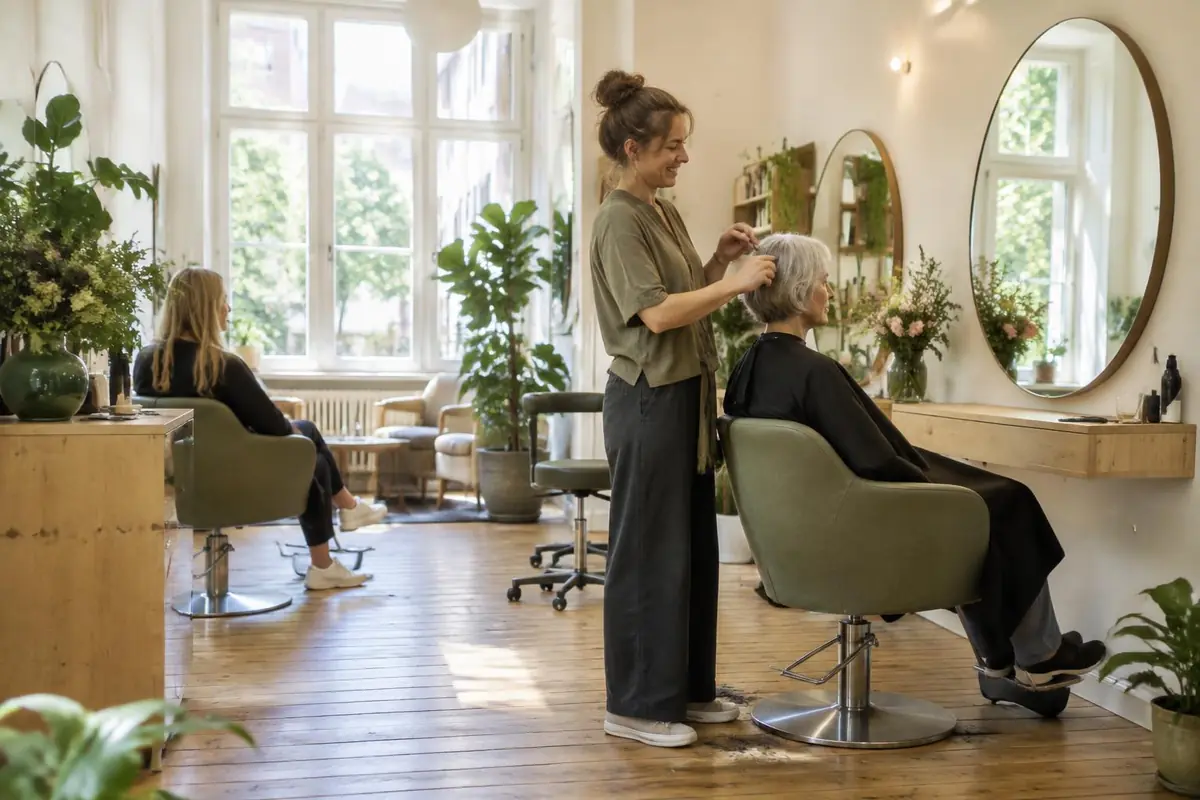 Heller Friseursalon mit zwei Plätzen, Pflanzen und Altbaufenstern