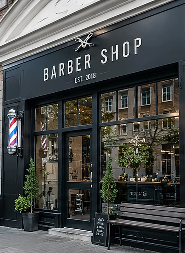 Der Barbershop von außen: schwarze Fassade mit Schriftzug Barber Shop und Friseurpfahl