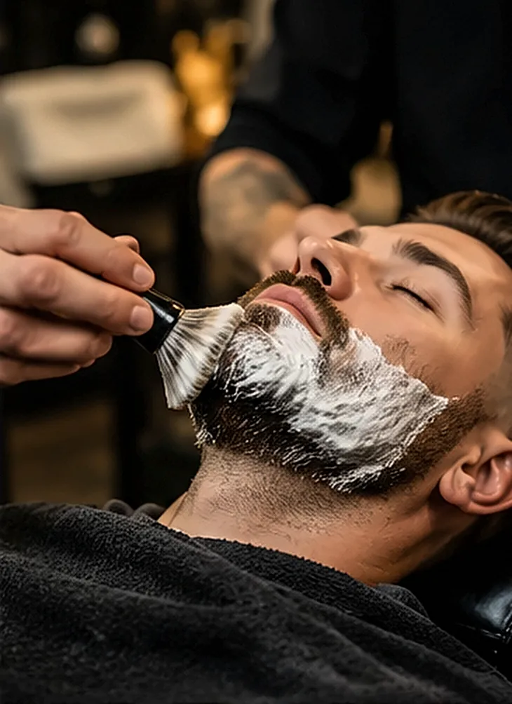 Ein Kunde liegt entspannt, der Barbier trägt Rasierschaum mit dem Pinsel auf