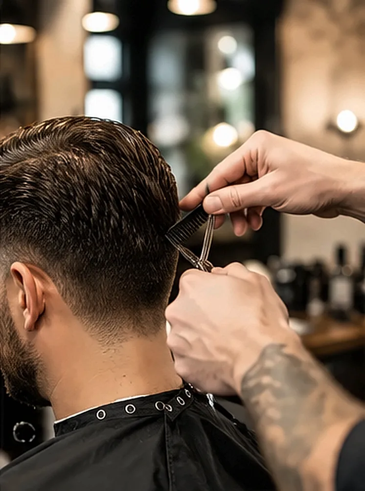 Der Barbier schneidet mit Kamm und Schere den Nacken nach