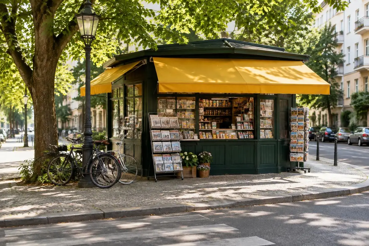 Grüner Kiosk mit gelber Markise unter einem Baum an einer Straßenecke