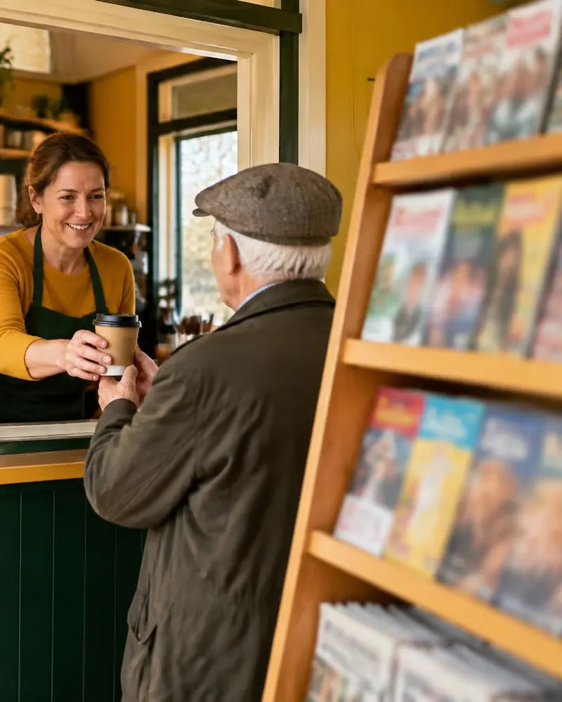 Verkäuferin reicht durch das Kioskfenster einem älteren Herrn mit Schiebermütze einen Kaffee, rechts ein Zeitschriftenregal