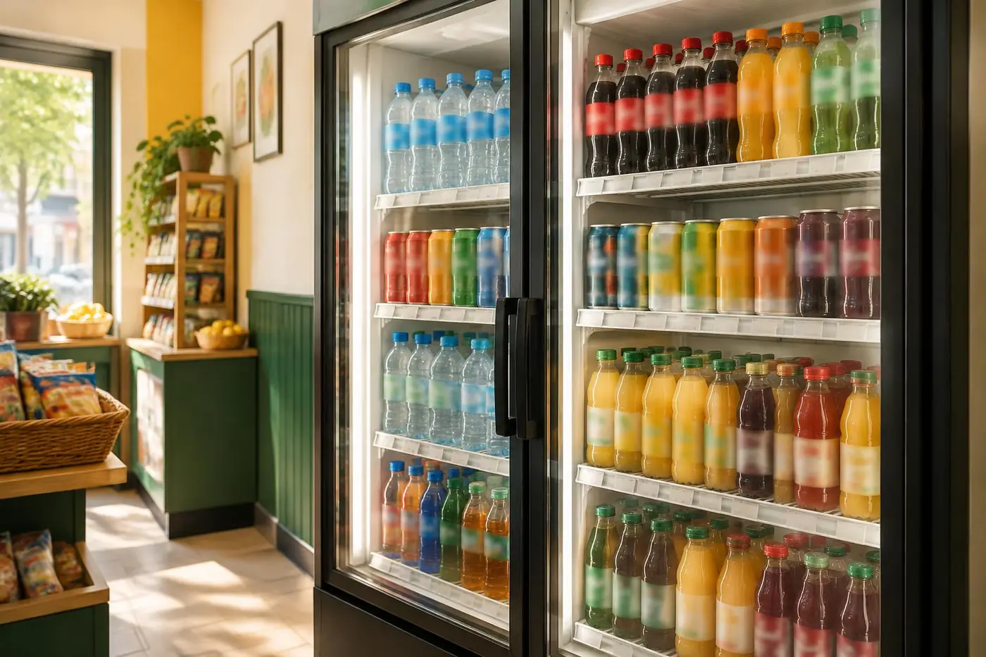 Getränkekühlschrank mit Wasser, Cola, Saft und Limonade