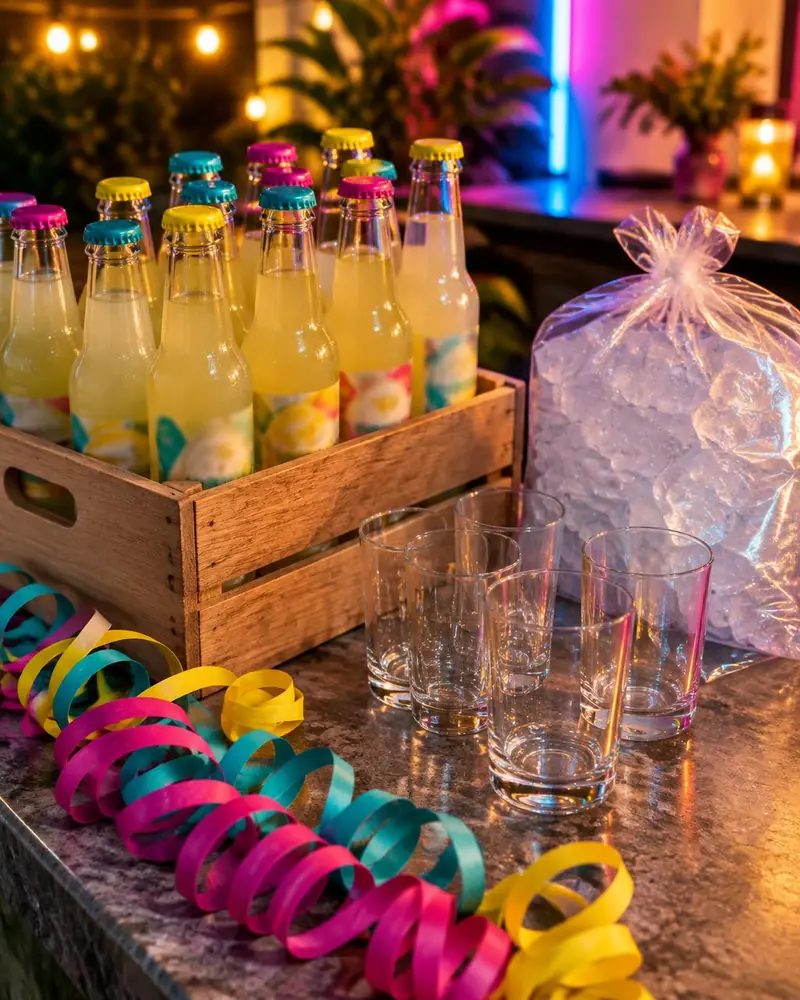 Kiste mit Limonade, Eisbeutel, Gläser und Luftschlangen