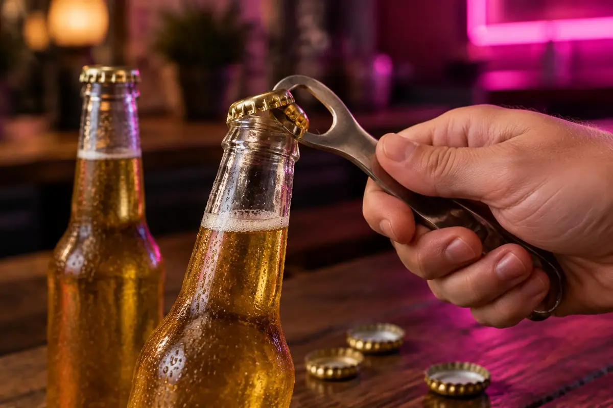 Hand öffnet eine Bierflasche mit Öffner, Kronkorken auf dem Tisch