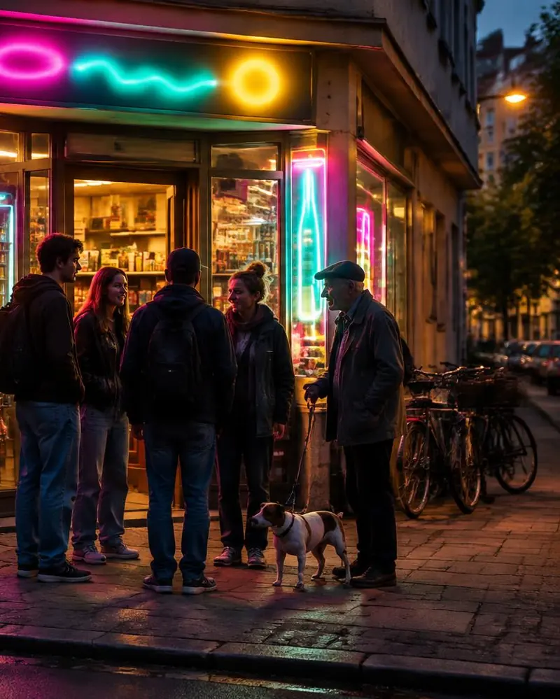 Leuchtender Späti mit Neonschildern in der Dämmerung, junge Leute und ein älterer Mann mit Hund stehen vor der Tür
