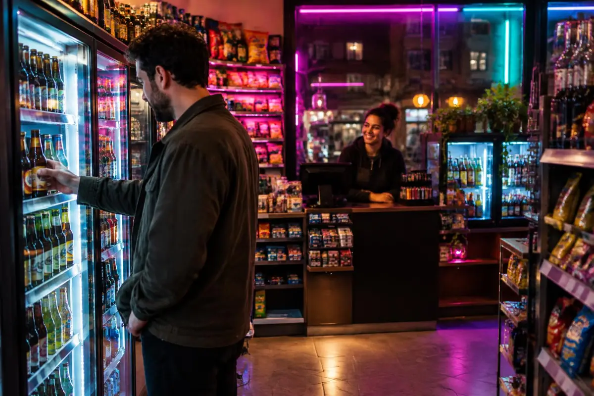 Kunde nimmt ein Getränk aus dem Kühlregal, Verkäuferin lächelt an der Kasse