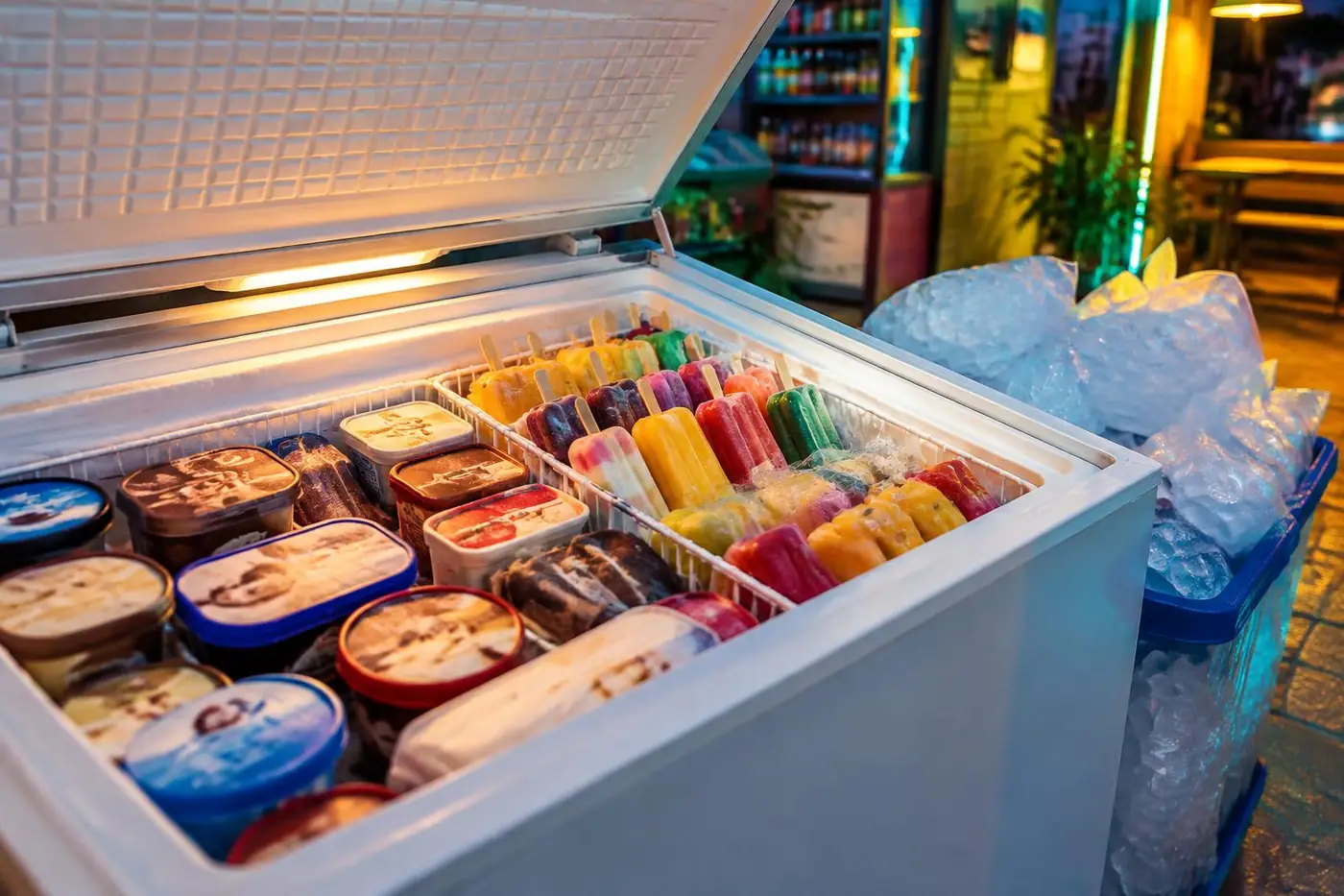 Tiefkühltruhe mit Eis am Stiel, Eisbechern und Eiswürfeln