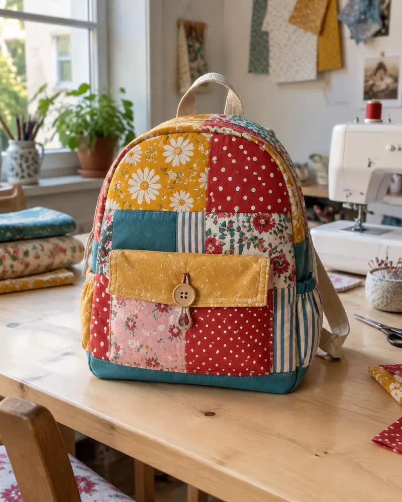 Rucksack aus buntem Patchwork mit Gänseblümchen, Punkten und Streifen