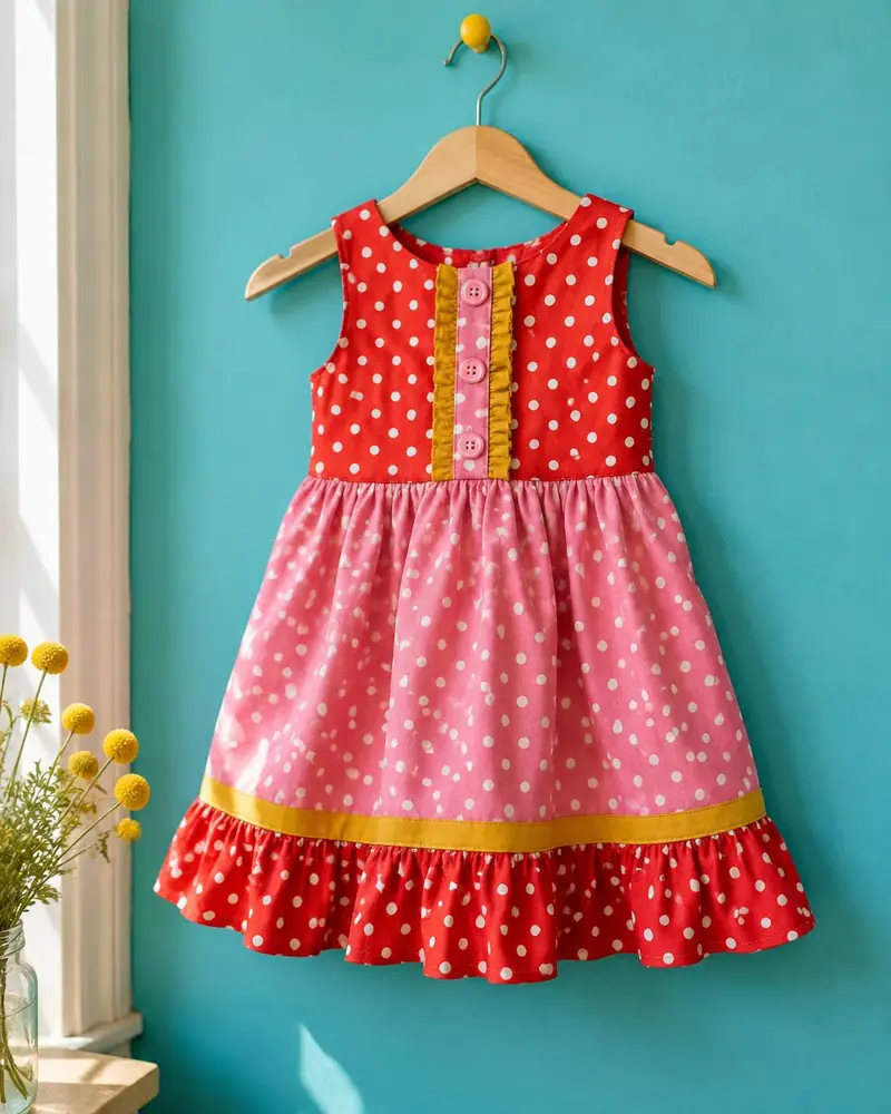 Rotes Punktekleid mit rosa Rock und gelbem Rüschensaum an türkiser Wand